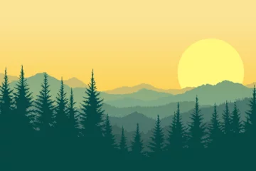 Fotobehang Beautiful vector landscape of forest and mountains silhouettes at sunrise or sunset. Natural landscape of mountains and wild forest in haze or fog for poster, design or print. © Evgeniia