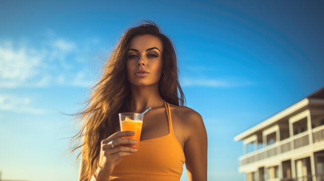 Beautiful woman holding juice, walking on beach in summer travel