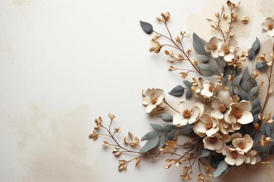 The leafy and flower frame with a golden border, in the style of minimalist backgrounds, light beige color. Copy space.