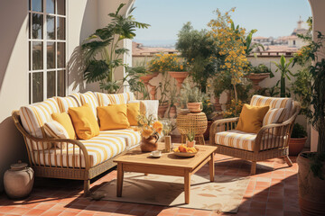 Comfortable rattan garden outdoor furniture on the terrace of a Mediterranean style home, soft tonal palette.