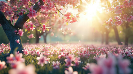 Sun rays piercing through vibrant pink flowering trees in a dreamy park.