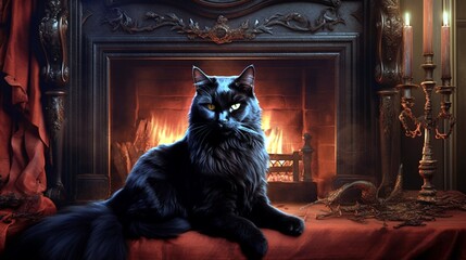 A regal black cat seated beside an ancient fireplace, the flickering flames casting a warm glow on its luxurious coat.