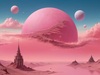 A pink planet with a planet in the background ai image 