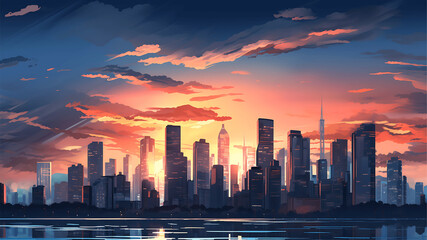 Cityscape with skyscrapers and river at sunset, vector illustration