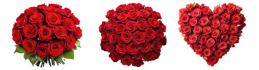 Set of bouquets of red roses cut out transparent isolated on white background ,PNG file