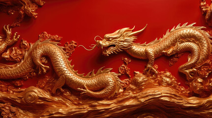 Golden Chinese wooden dragon statue in red background. Religion and culture of Chinese New Year 2024 concept.