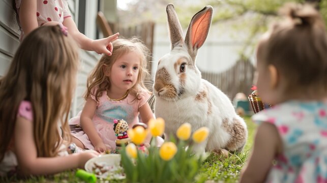 Kids gathered around an Easter bunny, eagerly waiting to take photos and receive festive treats, the high-definition camera capturing the pure joy and wonder on their faces