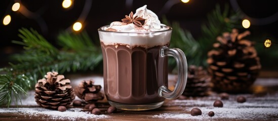Hot chocolate in a glass mug on a snow-covered tablecloth with pine branches and fairy lights.