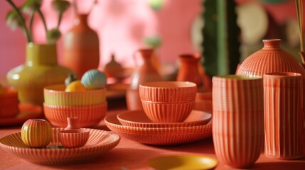  a close up of a table with plates and vases on top of it and a cactus in the background.