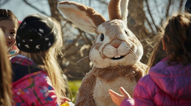 Kids gathered around an Easter bunny, eagerly waiting to take photos and receive festive treats, the high-definition camera capturing the pure joy and wonder on their faces
