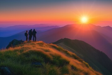 Hikers embrace sunrise over serene mountain landscape