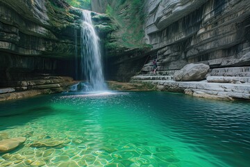 Majestic waterfall with crystal-clear pool in a jungle