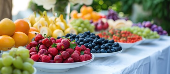 A buffet table showing various fruits on a white tablecloth, creating an elegant ambiance.