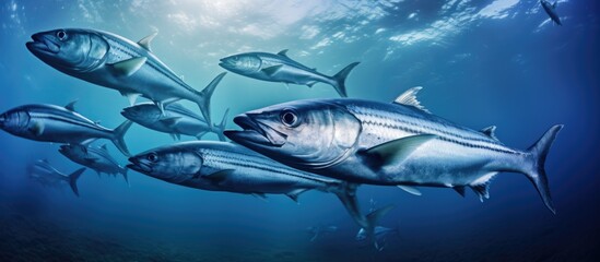 Fototapeta premium Blackfin barracudas are swimming near the sea bed in Indonesia.