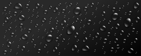 Water drops on black metallic background, realistic 3d droplet vector - obrazy, fototapety, plakaty