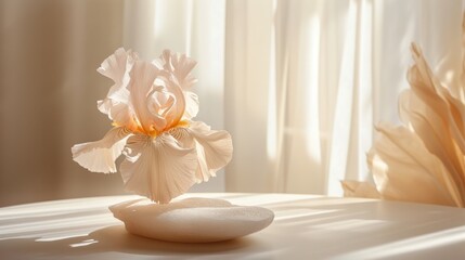  a white flower sitting on top of a white bed next to a white drapes on a window sill.