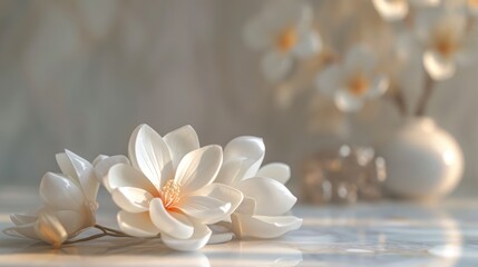  two white flowers sitting on a table next to a white vase with white flowers in it and a white vase with white flowers in it.