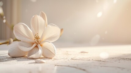  a white flower sitting on top of a white counter top next to a white vase with a flower on top of it.