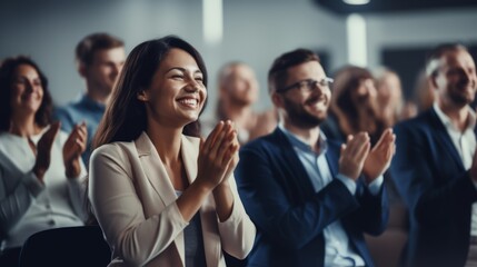 The company's employees clap their hands as a sign of success, support, and achievements. A team of cheerful smiling multiethnic group of people applauds at a briefing, meeting in the office. - obrazy, fototapety, plakaty