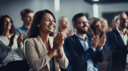 Foto op Plexiglas The company's employees clap their hands as a sign of success, support, and achievements. A team of cheerful smiling multiethnic group of people applauds at a briefing, meeting in the office. © liliyabatyrova