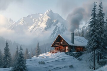 Cozy mountain cabin surrounded by snow-covered pines, smoke rising from chimney.