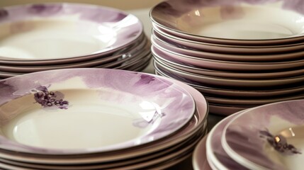  a stack of purple and white plates stacked on top of each other with a purple flower on one of the plates.