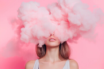 a young woman with her head in pink cloud on a pastel pink background - obrazy, fototapety, plakaty