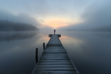 Wooden pier leading into misty lake at dawn, lone fisherman casting line.