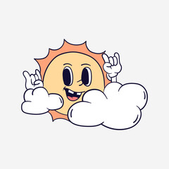 Vintage 90s cartoon sun smile character expression sticker comic vector design