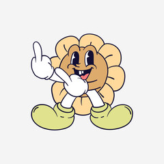 Vintage 90s cartoon flower character expression sticker comic vector design