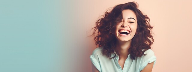 Retain the theme of a smiling young woman on a pastel flat background with copy space, and apply a cinematic filter for a vintage film photography look - obrazy, fototapety, plakaty