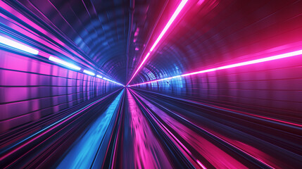 Trails in the tunnel, Fast underground subway train racing through the tunnels. Neon pink and blue light, Ai generated image