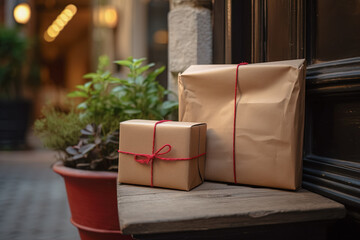 paquetes envueltos con papel marrón y lazo rojo posados sobre una mesa junto a un jarrón con planta, sobre fondo desenfocado de una terraza urbana - obrazy, fototapety, plakaty