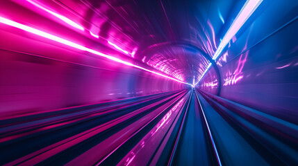 Fototapeta na wymiar Trails on the highway, Fast underground subway train racing through the tunnels. Neon pink and blue light, Ai generated image