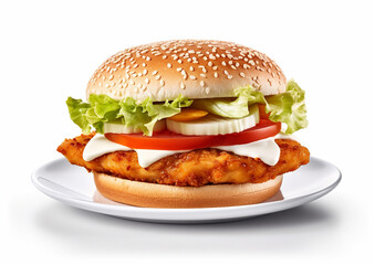 Fresh_tasty_chicken_burger_on_a_white_plate_isolated