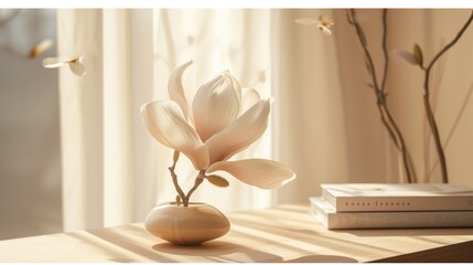 a vase with a flower in it sitting on a table next to a book and a vase with a flower in it.