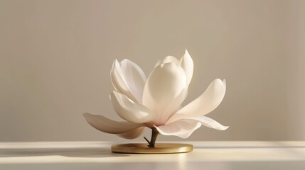 a large white flower sitting on top of a table next to a light brown wall and a wooden stand with a single white flower on it's stem.
