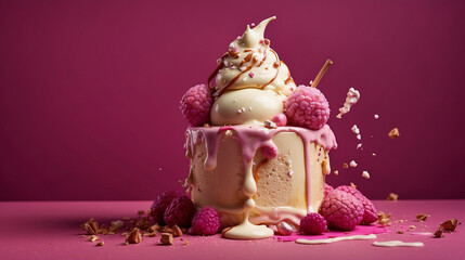 One Exploding ice cream cake on isolated dark pink background  