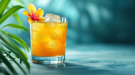  a close up of a drink in a glass on a table with a flower on the top of the glass.