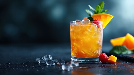  a close up of a drink in a glass with fruit garnishes on the side of the glass.