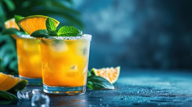  two glasses filled with orange juice and garnished with mint on a blue surface with a green plant in the background.