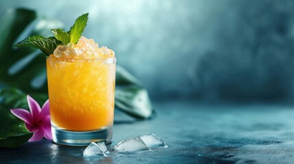  a glass of orange juice with a mint garnish on the rim and ice cubes on the rim. - obrazy, fototapety, plakaty