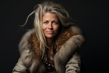 Portrait of a beautiful woman in a fur coat on a dark background