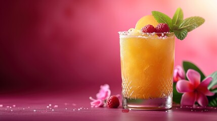  a tall glass filled with a drink and garnished with a raspberry and mint garnish.