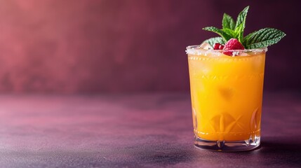  a glass of orange juice with a mint garnish and a raspberry garnish on top.