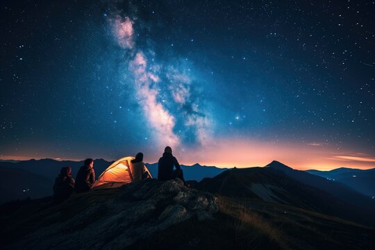 Friends camping, gazing at Milky Way