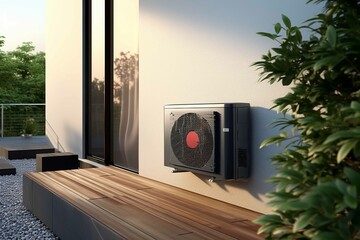 outdoor air source heat pump unit on the roof of the house, photography, photo realistic