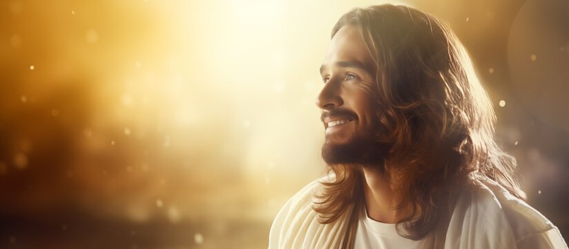 Smiling Jesus Christ in the rays of the shining sun on an unfocused background with an empty space