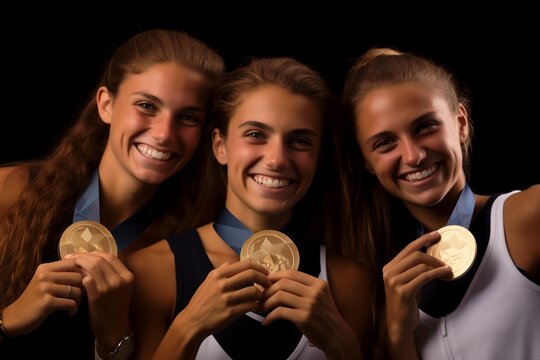 A group of three young women celebrates victory, Olympic champions with gold medals