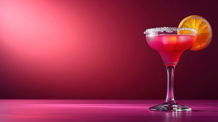  a close up of a drink in a wine glass with a slice of orange on the rim of the glass.